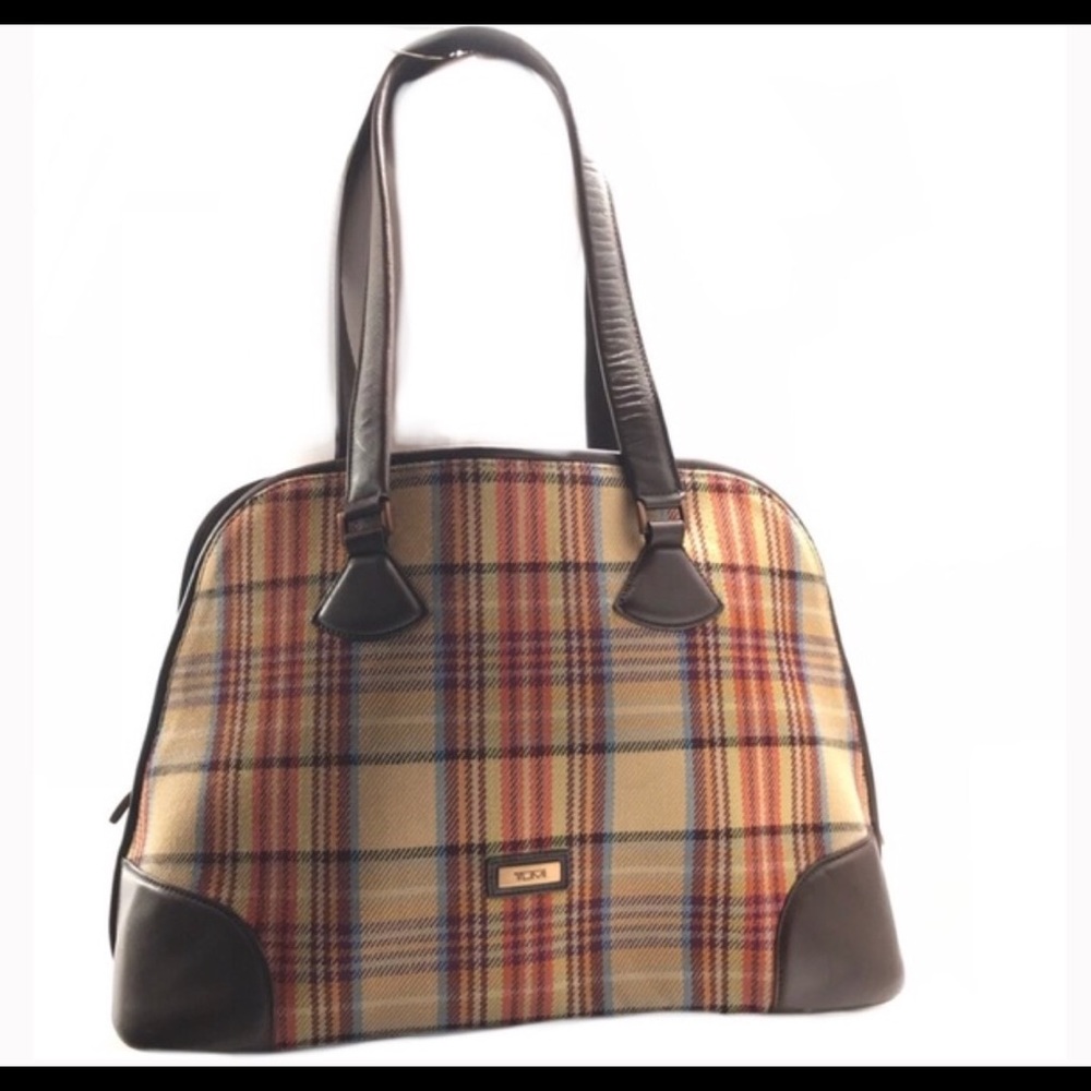 Tumi Plaid & Leather Trim Tote W/Wallet